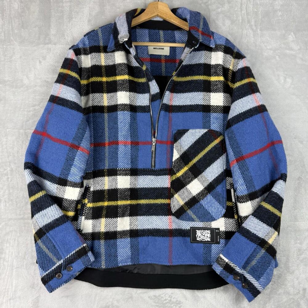 We11done English Anorak Check Jacket Unisex Half Zip Overshirt 100%Wool One Size